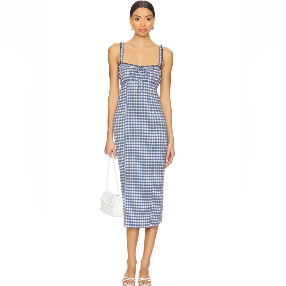 Free People Lucinda Blue & White Gingham Check Cotton Midi Dress Size Medium NWT